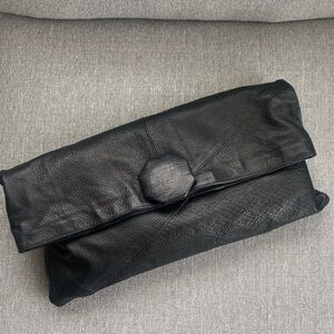 Vintage large black textured leather Envelope Clutch with snap closure